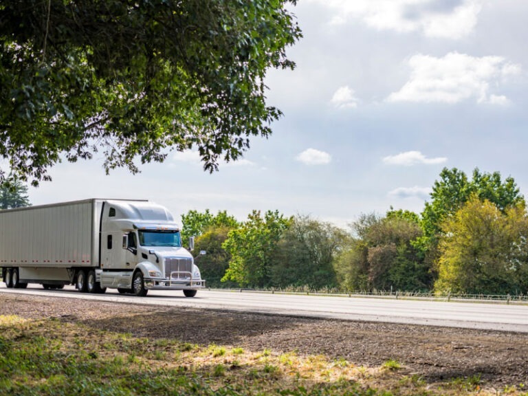 A white commercial dry van driving on highway to deliver cargo.