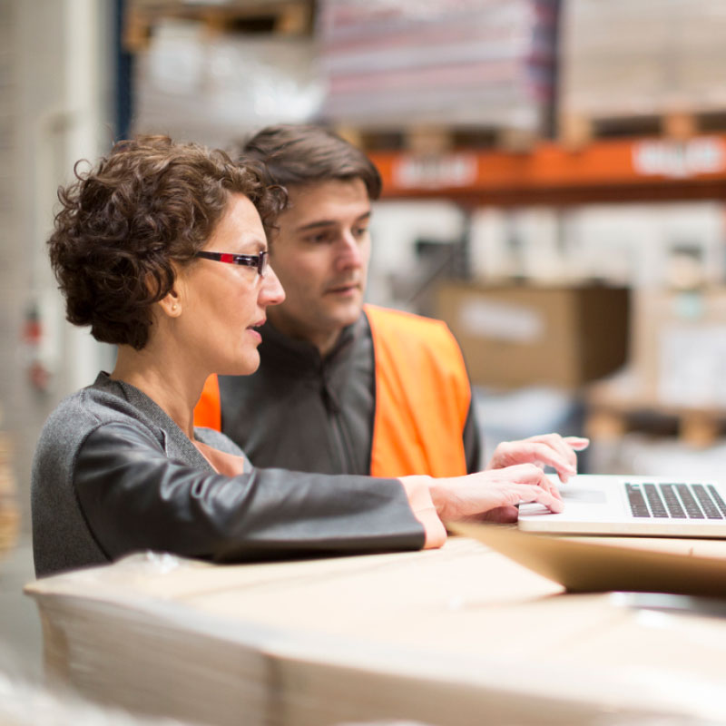 Two shippers working in a warehouse to manage their shipments.