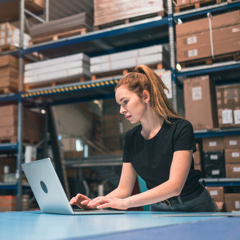 A woman supply chain freight shipper in a warehouse on a computer.