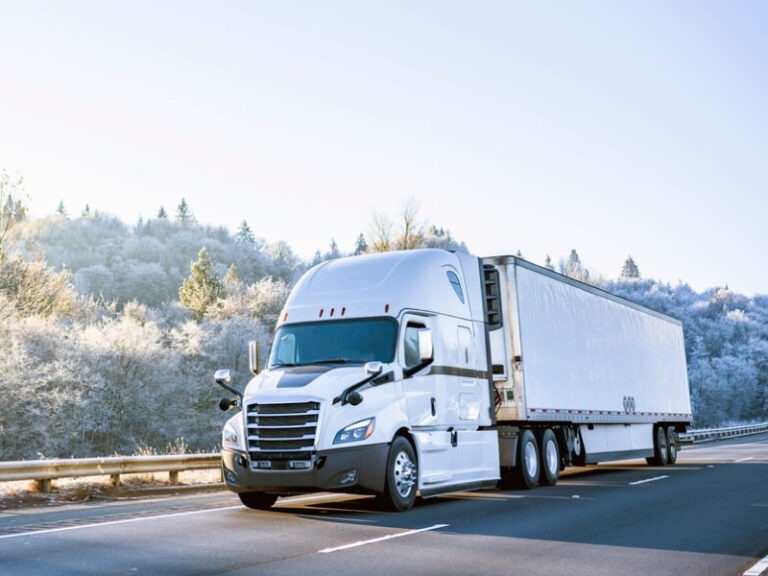 A white temperature controlled semi truck driving down a snowy landscape.