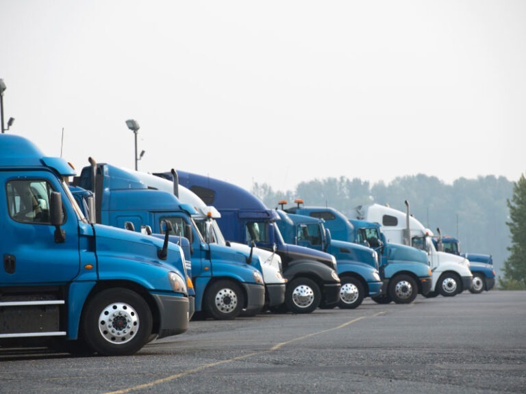 A diagonal row of blue colored semi trucks parked at a truck stop parking lot.