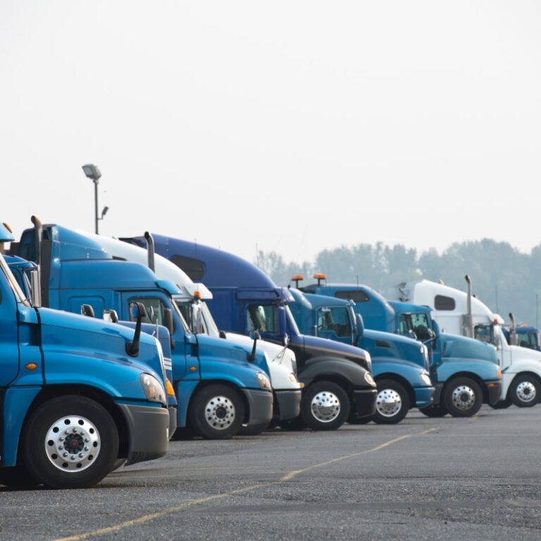 Multiple semi trucks parked in a parking lot.