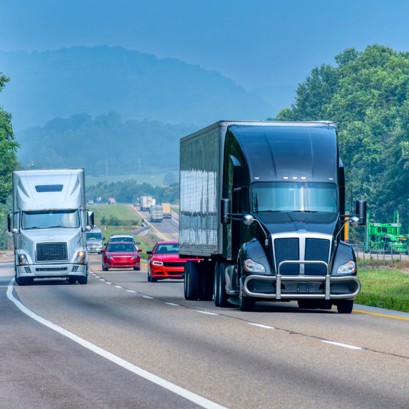 Mixed traffic on rural section of Tennessee Interstate Highway.