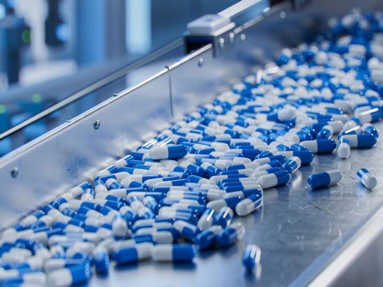 Blue capsules on conveyor belt at a pharmaceutical factory.