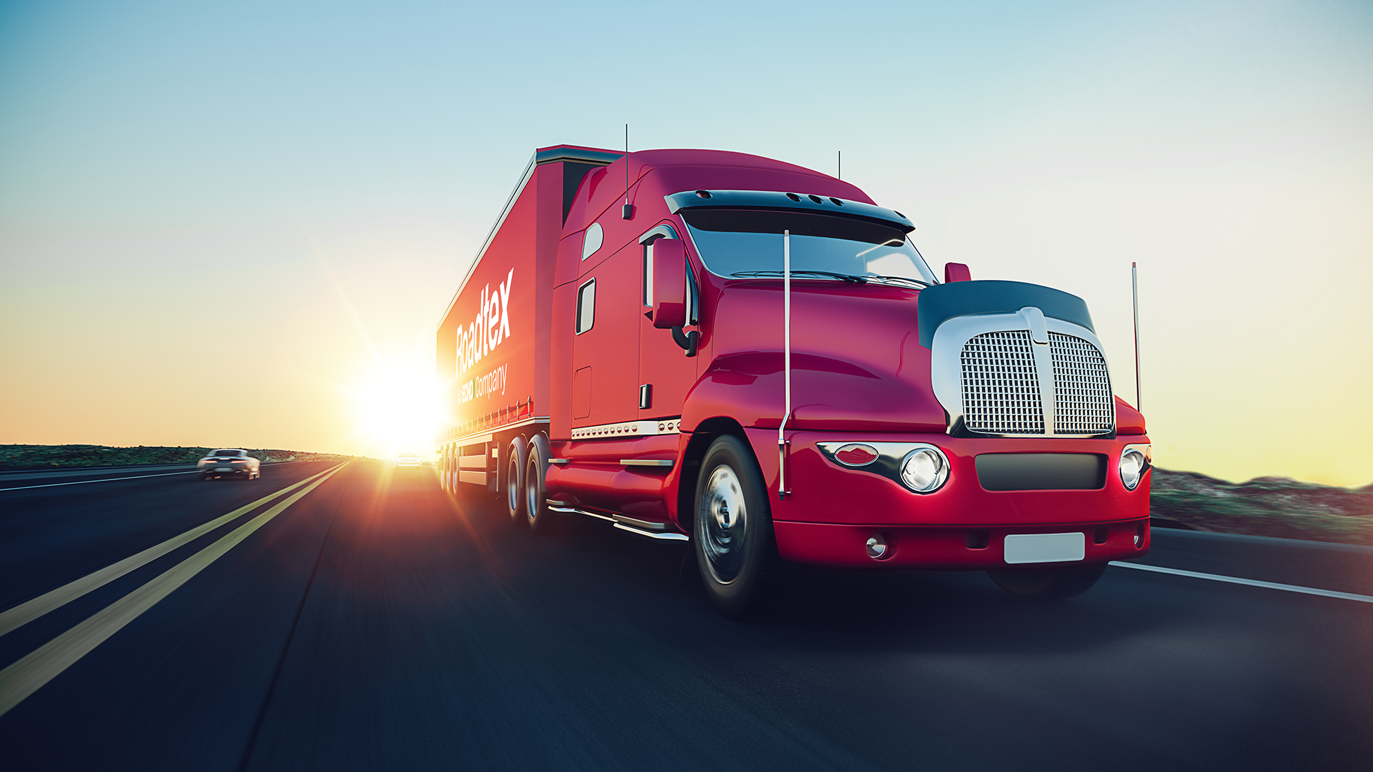 An all red temp controlled semi truck driving down the highway featuring the Roadtex, an Echo company, logo. 