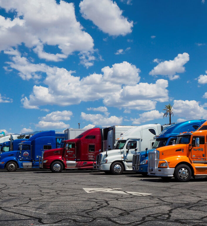 Parked semi-trucks taking a break before crossing the border into Mexico