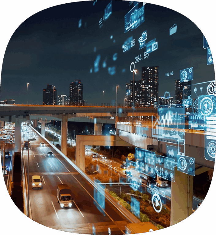 A technology overlay on an image of cars and semi trucks driving down a highway.